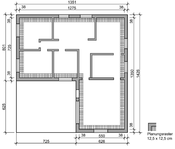 Beispiel 7-01: Objektgrundriss mit Planungsraster 12,5×12,5 cm