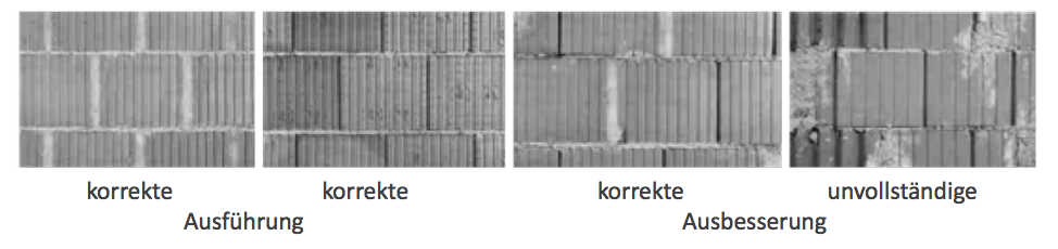 Beispiel 7-16: Hochlochziegelmauerwerk als Putzgrund korrekte korrekte Ausführung korrekte unvollständige Ausbesserung