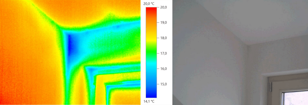 Thermografie – Fenster, Fenstersturz, Raumaußenecke (Außentemperatur +5 °C) 