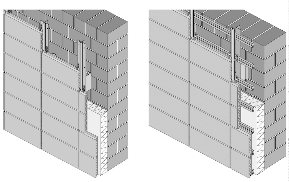 Abbildung 7-04: Montageformen von Ziegel-Fassadenplatten mit vertikalen Tragschienen mit horizontalen Tragschienen